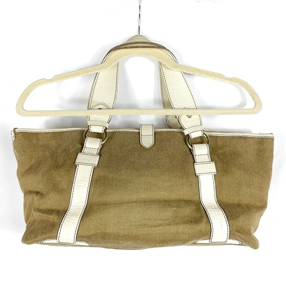 Celine Boogie Canvas Bag Olive Khaki Satchel Cream Leather Straps Medium - Picture 6 of 14